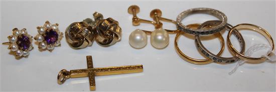 Two gold wedding rings, 22ct & 18ct, 9ct engraved gold cross, pair 9ct gold gem-set stud earrings & sundries